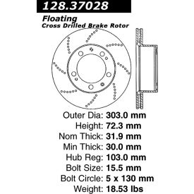 Centric Premium OE Style Drilled Brake Rotor, Centric Parts 128.37028