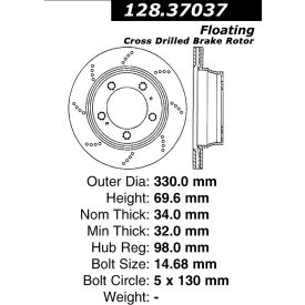 Centric Premium OE Style Drilled Brake Rotor, Centric Parts 128.37037