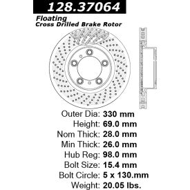 Centric Premium OE Style Drilled Brake Rotor, Centric Parts 128.37064