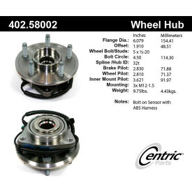 Centric Premium Hub and Bearing Assembly; With Integral ABS, Centric Parts 402.58002 Centric Premium Hub and Bearing Assembly; With Integral ABS, Centric Parts 402.58002