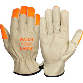 Pyramex Safety Products GL2003KL Grain Cowhide Driver Gloves with Keystone Hi-Vi Orange Tips, Size Large image.