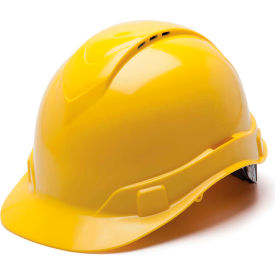 Pyramex Safety Products HP44130V Ridgeline Vented Cap Style Hard Hat, Yellow, 4-Point Ratchet Suspension image.