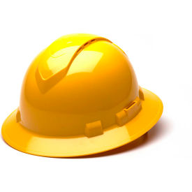 Pyramex Safety Products HP54130V Ridgeline Vented Full Brim Hard Hat, Yellow Pattern, 4-Point Ratchet Suspension image.