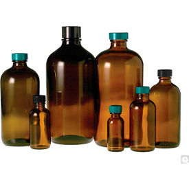 Qorpak 4oz Amber Boston Round Bottle with 22-400 Green Thermoset F217 & PTFE Lined Cap, 24PK