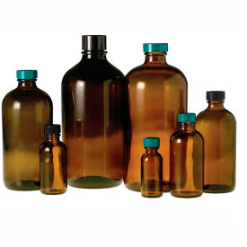Qorpak GLC-01967 8oz (240ml) Amber Boston Round Bottle W/ 24-400 Black Phenolic Cap, 108 Pack