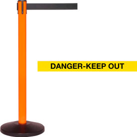 Queue Solutions Llc SM450O-YBD SafetyMaster 450 Retractable Belt Barrier, 40" Orange Post, 7-1/2 Yellow "Danger-Keep Out" Belt image.