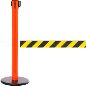 Queue Solutions Llc SPRO300O-YB SafetyPro 300 Retractable Belt Barrier, 40" Orange Post, 16 Black/Yellow Diagonal Stripe Belt image.