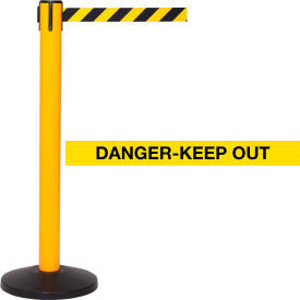 Queue Solutions Llc SPRO300Y-YBD SafetyPro 300 Retractable Belt Barrier, 40" Yellow Post, 16 Yellow "Danger-Keep Out" Belt image.