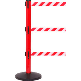 Queue Solutions Llc SPROTriple250R-RW110 SafetyPro 250 Retractable Triple Belt Barrier, 40" Red Post, 11 Red/White Belt image.