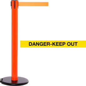 Queue Solutions Llc SROL300O-YBD RollerSafety 300 Retractable Belt Barrier, 40" Orange Post, 15 Yellow "Danger-Keep Out" Belt image.