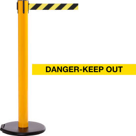 Queue Solutions Llc SROL300Y-YBD RollerSafety 300 Retractable Belt Barrier, 40" Yellow Post, 15 Yellow "Danger-Keep Out" Belt image.
