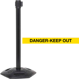 Queue Solutions Llc WMR250B-YBD110 WeatherMaster 250 Retractable Belt Barrier, 40" Black Post, 11 Yellow "Danger-Keep Out" Belt image.