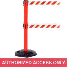 Queue Solutions Llc WMRTwin250R-RWA110 WeatherMaster Twin Retractable Belt Barrier, 40" Red Post, 11 Red "Authorized Access Only" Belt image.