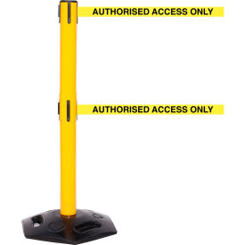 Queue Solutions Llc WMRTwin250Y-YBA110 WeatherMaster Twin Retractable Belt Barrier, 40" Yellow Post, 11 Ylw "Authorized Access Only" Belt image.