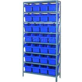 quantum 1875-sb808 steel shelving with 28 8"h plastic shelf bins blue, 36x18x75-sb8 shelves Quantum 1875-SB808 Steel Shelving with 28 8"H Plastic Shelf Bins Blue, 36x18x75-SB8 Shelves