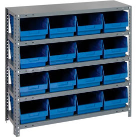 Quantum Storage Systems 1239-207BL Quantum 1239-207 Steel Shelving With 16 6"H Shelf Bins Blue, 36x12x39-5 Shelves image.