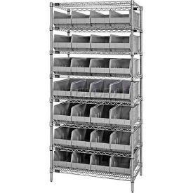 Quantum Storage Systems WR8-423GY Quantum WR8-423 Chrome Wire Shelving with 28 SSB423 Stackable Shelf Bins Gray, 36x12x74 image.