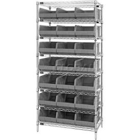 Quantum Storage Systems WR8-425GY Quantum WR8-425 Chrome Wire Shelving with 21 SSB425 Stackable Shelf Bins Gray, 36x12x74 image.