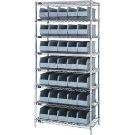 Quantum Storage Systems WR8-441GY Quantum WR8-441 Chrome Wire Shelving with 35 SSB441 Stackable Shelf Bins Gray, 36x14x74 image.