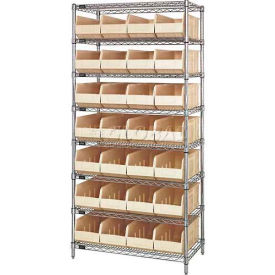Quantum WR8-463 Chrome Wire Shelving with 28 SSB463 Stackable Shelf Bins Ivory, 36x18x74