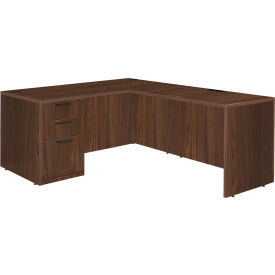 L-Shaped Desk with Single Full Pedestal Drawer Unit, 66"W x 77"D x 29"H, Neo Walnut view 2