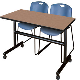 Regency® Kobe Training Nesting Table with 2 Zeng Blue Stack Chairs 48"L x 24"W Noble Oak 