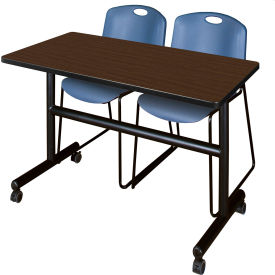 Regency® Kobe Training Nesting Table with 2 Zeng Blue Stack Chairs 48"L x 24"W Neo Walnut 