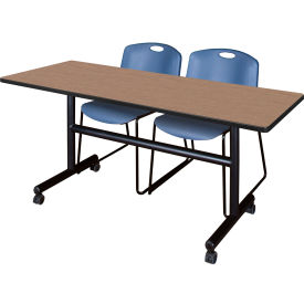 Regency® Kobe Training Nesting Table with 2 Zeng Blue Stack Chairs 60"L x 24"W Noble Oak 