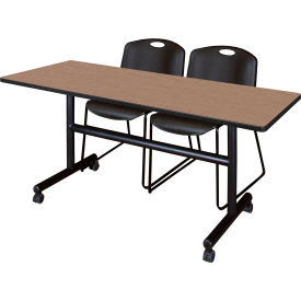Training Nesting Table with 2 Black Stack Chairs, 60"L x 24"W, Noble Oak view 2