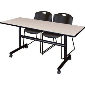 Kobe Training Nesting Table with 2 Zeng Black Stack Chairs, 60"L x 24"W, Maple view 2