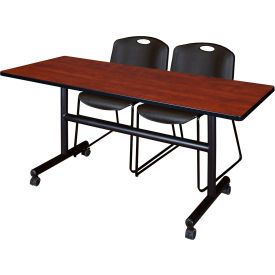 Kobe Training Nesting Table with 2 Zeng Black Stack Chairs, 60"L x 30"W, Cherry view 2
