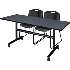 Kobe Training Nesting Table with 2 Zeng Black Stack Chairs, 60"L x 30"W, Gray view 2