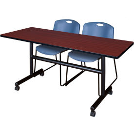Kobe Training Nesting Table with 2 Zeng Blue Stack Chairs, 60"L x 30"W, Mahogany view 2