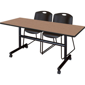 Training Nesting Table with 2 Black Stack Chairs, 60"L x 30"W, Noble Oak view 2
