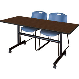 Training Nesting Table with 2 Zeng Blue Stack Chairs, 60"L x 30"W, Neo Walnut view 2