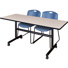 Kobe Training Nesting Table with 2 Zeng Blue Stack Chairs, 60"L x 30"W, Maple view 2