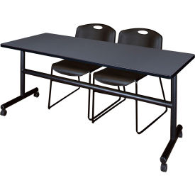 Kobe Training Nesting Table with 2 Zeng Black Stack Chairs, 72"L x 24"W, Gray view 2