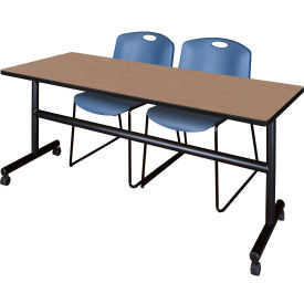 Kobe Training Nesting Table with 2 Zeng Blue Stack Chairs, 72"L x 24"W, Noble Oak view 2