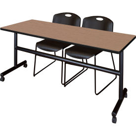 Kobe Training Nesting Table with 2 Zeng Black Stack Chairs, 72"L x 24"W, Noble Oak view 2