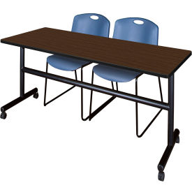Kobe Training Nesting Table with 2 Zeng Blue Stack Chairs, 72"L x 24"W, Neo Walnut view 2