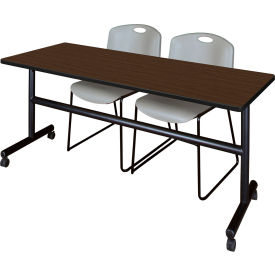 Regency® Kobe Training Nesting Table with 2 Zeng Gray Stack Chairs 72"L x 24"W Neo Walnut 
