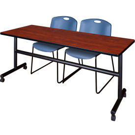 Kobe Training Nesting Table with 2 Zeng Blue Stack Chairs, 72"L x 30"W, Cherry view 2