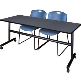 Kobe Training Nesting Table with 2 Zeng Blue Stack Chairs, 72"L x 30"W, Gray view 2