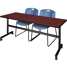Kobe Training Nesting Table with 2 Zeng Blue Stack Chairs, 72"L x 30"W, Mahogany view 2