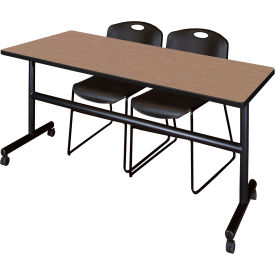 Training Nesting Table with 2 Zeng Black Stack Chairs, 72"L x 30"W, Noble Oak view 2