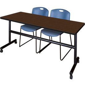 Kobe Training Nesting Table with 2 Zeng Blue Stack Chairs, 72"L x 30"W, Neo Walnut view 2