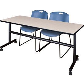 Kobe Training Nesting Table with 2 Zeng Blue Stack Chairs, 72"L x 30"W, Maple view 2