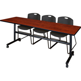Kobe Training Nesting Table with 2 Zeng Black Stack Chairs, 84"L x 24"W, Cherry view 2