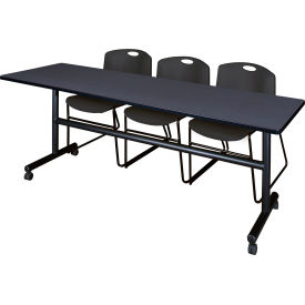 Kobe Training Nesting Table with 2 Zeng Black Stack Chairs, 84"L x 24"W, Gray view 2