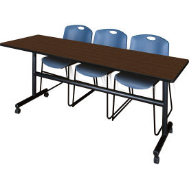 Training Nesting Table with 2 Zeng Blue Stack Chairs, 84"L x 24"W, Neo Walnut view 2
